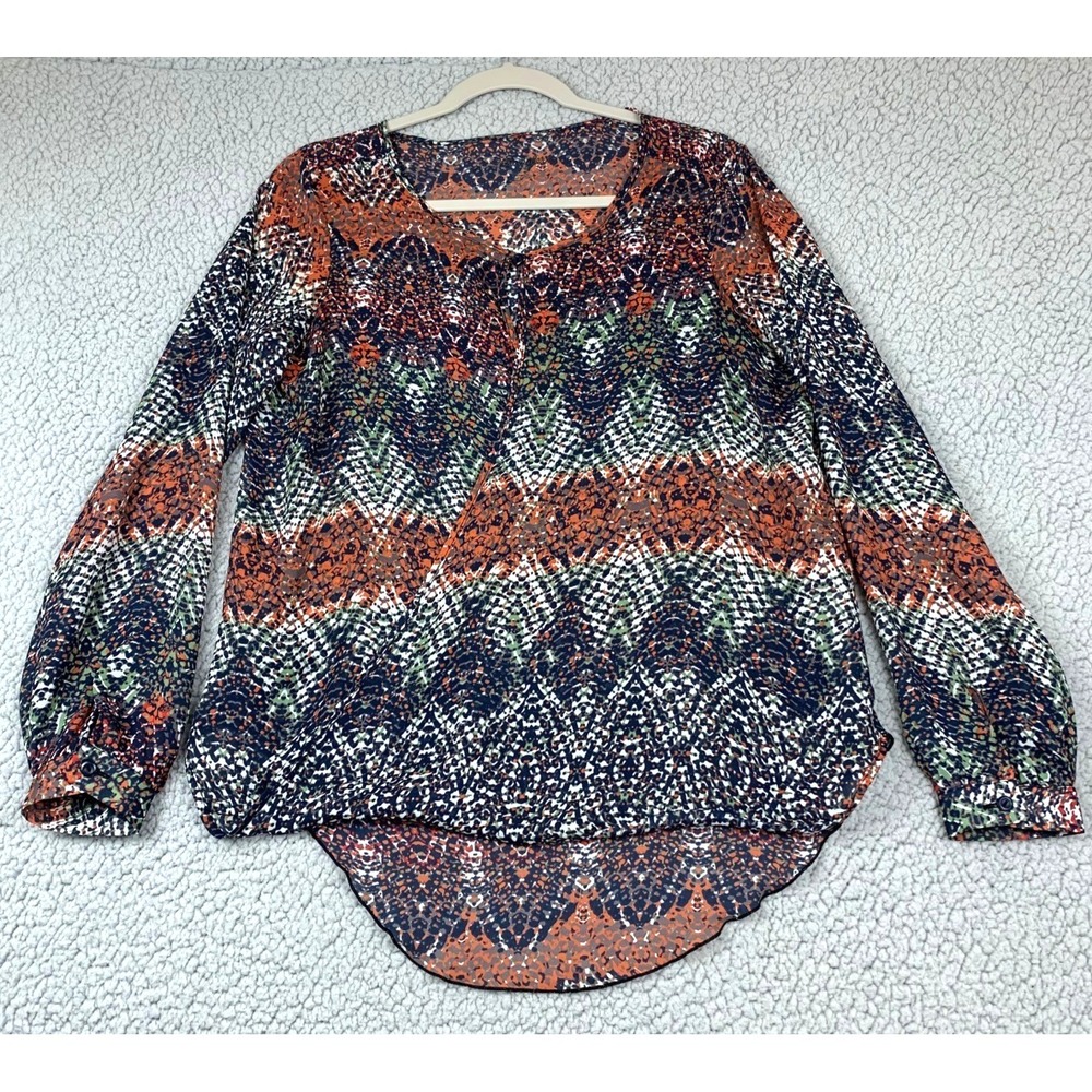 Wrangler Women's Small Abstract Print Long‎ Sleeve Pullover Blouse Hi-Low Hem